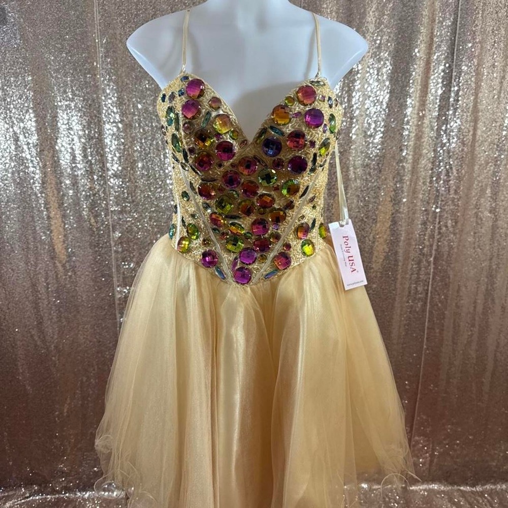 Poly USA Gold Beaded Corset Tulle Dress Multi-Color Jewels Scarf/Size M